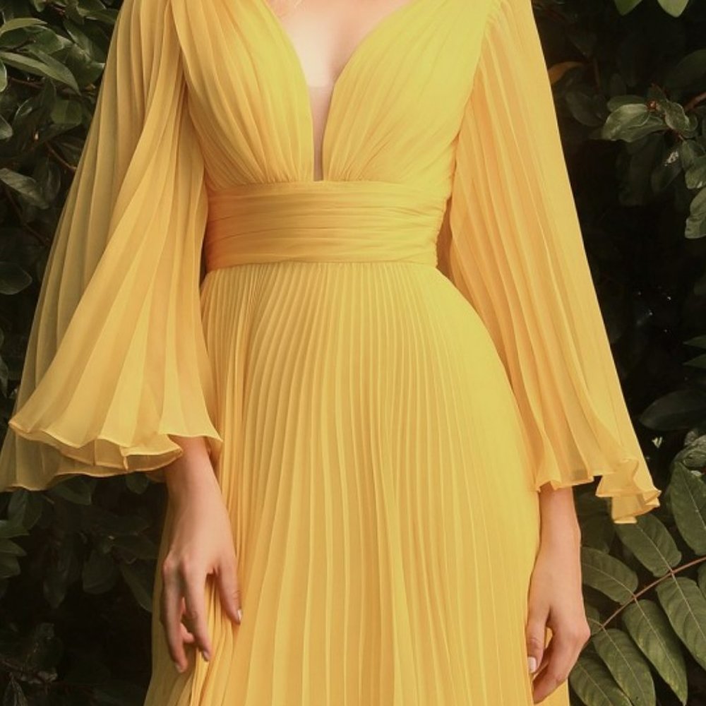 NEW yellow  COLOR EVENING PARTY PLEATED CHIFFON LONG SLEEVE GOWN DRESS 242